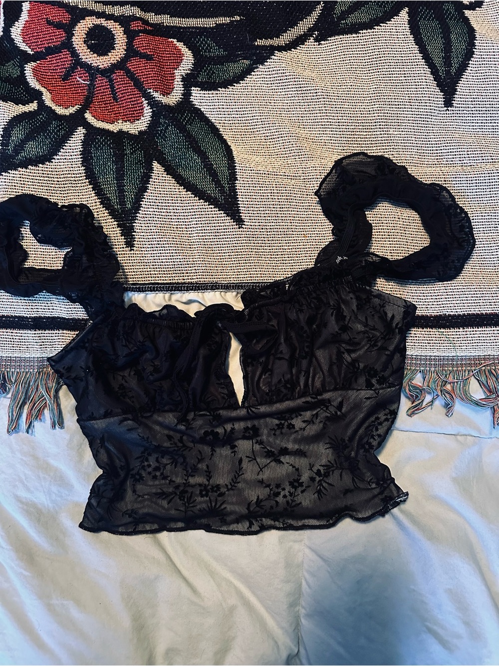 Black Sheer Lace Crop Top - Alt Fashion, Whimsy, Goth size XS